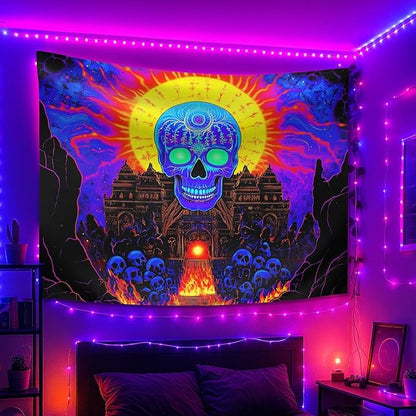 seewan Black Light Mystic Skull Tapestry, Glow-in-the-Dark UV Neon Blue Skeleton with Yellow Sun Halo Tapestry, Psychedelic Ancient Temple Wall Hanging, Bedroom Dorm Living Room Background Decor