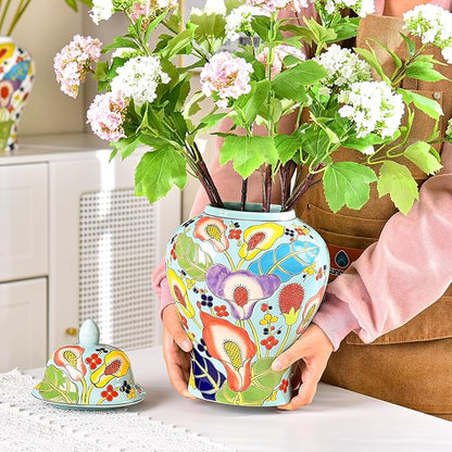 Sungmor Decorative Ceramic Ginger Jar with Lid, Floral Pattern Porcelain Temple Storage Jar, 14" Hand Painted Ceramic Flower Vase for Centerpiece, Blue Glazed Vase for Flower Arrangement, Home Decor