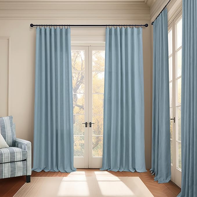 Pitalk Stone Blue Linen Blend Sheer Curtains Back Tab 52 Width by 90 Length Set of 2 Panels Rod Pocket Drapes for Living Room Family Sitting Room Sunroom Cottage Core Decor Blue Curtains for Boys Room