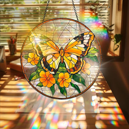 Bimkole Yellow Butterfly Sun Catchers Indoor Window - Flowers Acrylic Suncatcher Hanging Decoration for Living Room Bedroom Summer Home Balcony Outdoor Garden Ornaments Decoration 7.8x7.8 Inch
