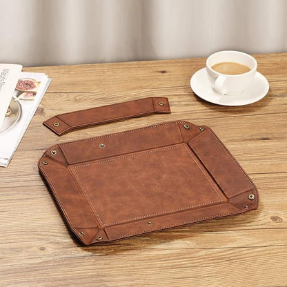 SITHON Valet Tray Desktop Storage Organizer, Removable 2 Compartments Catchall Tray Bedside Vanity Nightstand Caddy Holder Desk Storage Plate, Brown