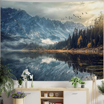 kampdream Lake Scenery Tapestry, Misty Mountains and Pine Forest Wall Hanging, Nature Home Decor for Bedroom and Living Room Wall Art Decoration