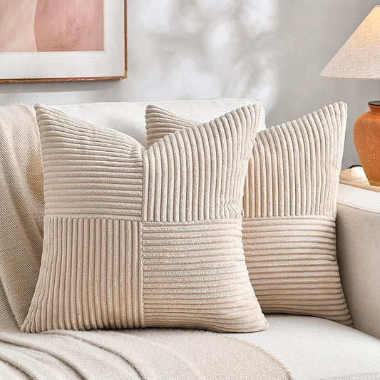 Fancy Homi 2 Packs Tan Samll Decorative Throw Pillow Covers 14x14 Inch with for Couch Bed Sofa, Rustic Farmhouse Boho Home Decor, Soft Corss Patchwork Corduroy Square Beige Cushion Case 35x35 cm