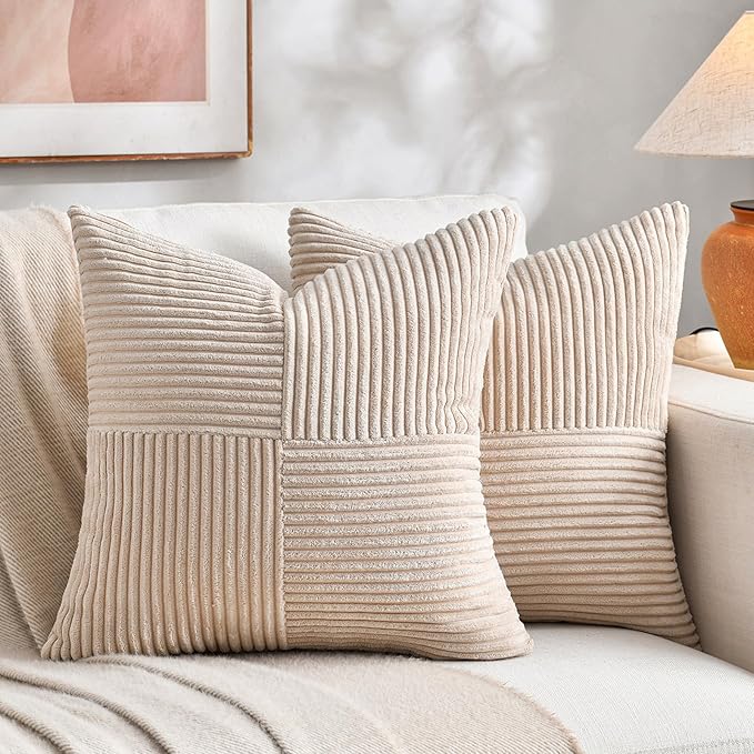 Fancy Homi 2 Packs Tan Samll Decorative Throw Pillow Covers 12x12 Inch with for Couch Bed Sofa, Rustic Farmhouse Boho Home Decor, Soft Corss Patchwork Corduroy Square Beige Cushion Case 30x30 cm
