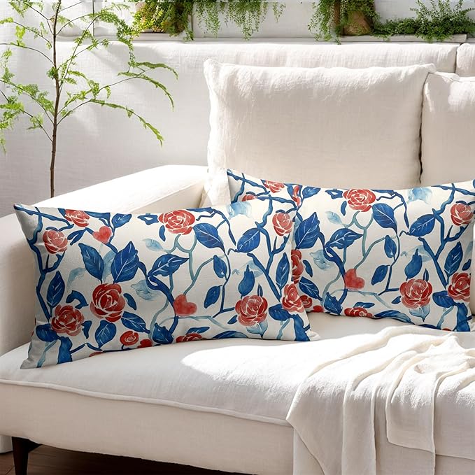 Valentines Day Pillow Covers 12x20 Set of 2 Blue Red Floral Throw Pillow Covers Flower Pillowcase Linen Decoration Farmhouse Holiday Cozy Soft Cushion Case Couch for Indoor Outdoor Home Decor