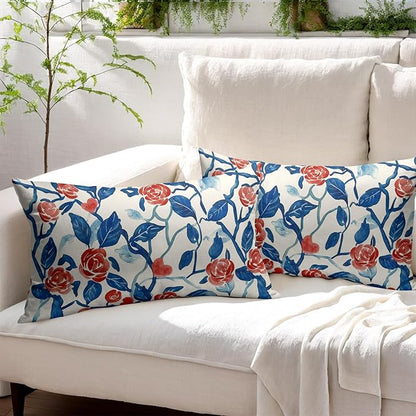Valentines Day Pillow Covers 12x20 Set of 2 Blue Red Floral Throw Pillow Covers Flower Pillowcase Linen Decoration Farmhouse Holiday Cozy Soft Cushion Case Couch for Indoor Outdoor Home Decor