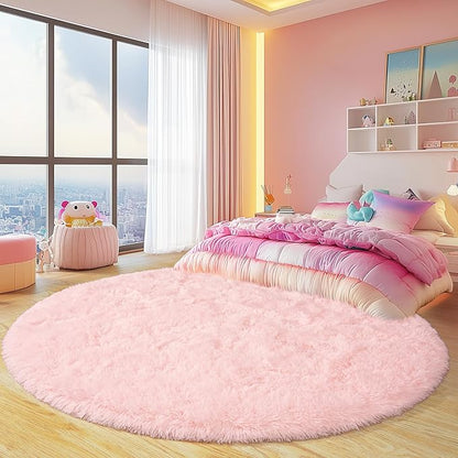 Round Fluffy Rugs 7Ft for Girls Bedroom, Pink Shag Circle Kids Rug Non-Slip for Bedside Dorm Nursery Playroom, Soft Cute Area Rugs for Living Room Decor
