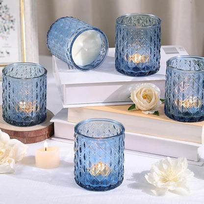 8Pcs Large Votive Candle Holders Blue Tea Light Candle Holders Glass Candle Holder for Wedding, Bridal Shower, Table Centerpiece, Party, Home Decor