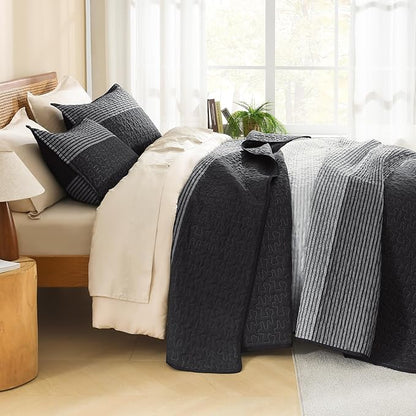 Litanika Quilt King Size Black, Grey and White, Gray Stripe Patchwork Summer Bedspread Coverlet 3 Pieces, Soft Lightweight Microfiber Comforter Bedding Set for All Season(1 Quilt, 2 Pillowcases)