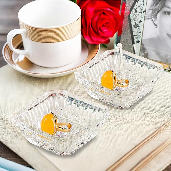 Clear Crystal Ring Holder Set of 2 Glass Jewelry Ring Dish Tray Decor for Engagement Wedding Party Gifts