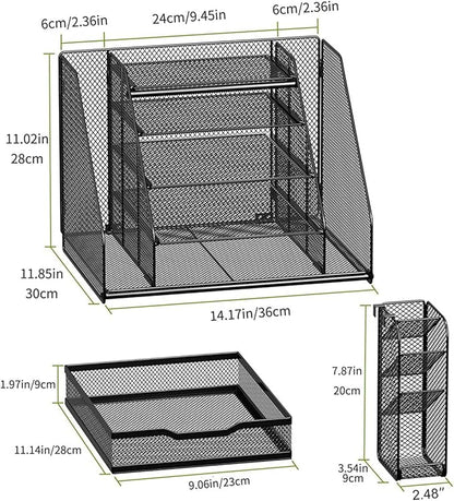 Desk Organizer, 5 Tier File Organizer for Desk with Sliding Drawer and Pen Holder, Mesh Desktop Organization with Magazine Holder for Office Supplies