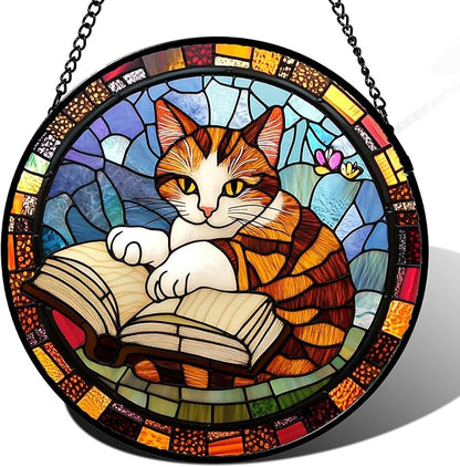 Stained Glass Window Hanging Little Cat Reading 9.8" - Suncatcher Door Garden Kitchen Sunroom Sun Catcher Home Decor Birthday for Lost Pets Mom Grandma Men Woman Friend