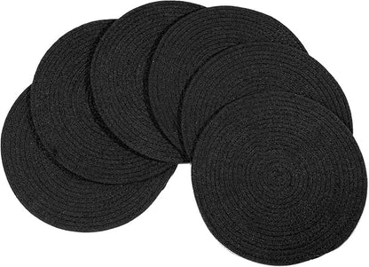 6pcs Round Woven Placemats, 13.8 inches Black Place Mats Cotton Pot Holders Wicker Tablemats Boho Braided Heat Resistant Mats, Woven Plate Chargers for Party Table Decoration