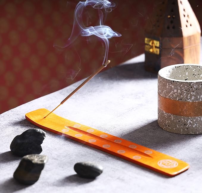 Bless-International Traditional-Handmade-Burner Wooden-Incense-Stick-Holder Ash-Catcher-Stand for-Aromatherapy-Meditation-Yoga (Orange, The Energy) 10 Inches, Pack of 2