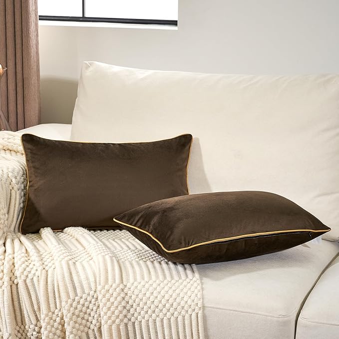 Aeckself Pack of 2 Dark Brown Velvet Lumbar Pillow Covers, Modern Luxury Decorative Pillowcase with Gold Trim Edge, Comfortable Soft Solid Cushion Case for Couch Bedroom Living Room 12 x 20 Inch