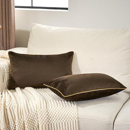 Aeckself Pack of 2 Dark Brown Velvet Lumbar Pillow Covers, Modern Luxury Decorative Pillowcase with Gold Trim Edge, Comfortable Soft Solid Cushion Case for Couch Bedroom Living Room 12 x 20 Inch