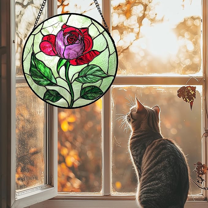 Stained Glass Window Hanging 4 Pcs Set Red Roses Yellow Sunflowers 7.8" - Flower Suncatcher Door Garden Sun Catcher Decor Birthday Mother's Day for Mom Woman Nana Girl
