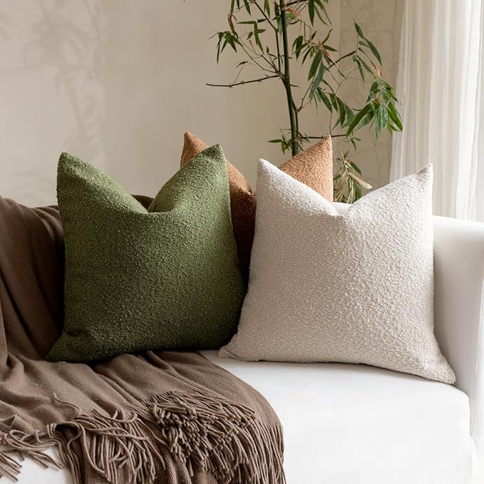 Boucle Decorative Lumbar Pillow Covers for Couch Set of 2, 12x20 inches, Olive