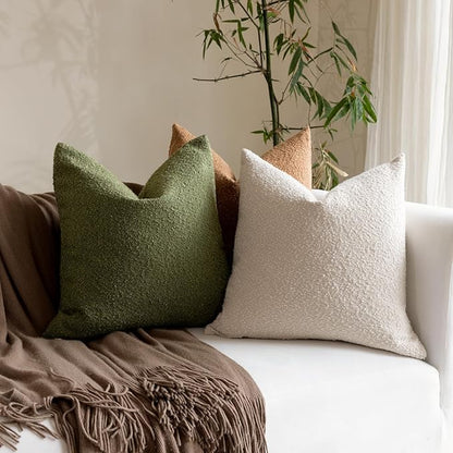 Boucle Decorative Throw Pillow Covers for Couch Set of 2, 20x20 inches, Olive