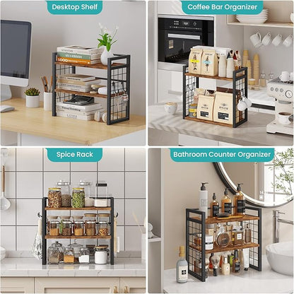 ELITEROO Desktop Shelf Organizer, 2 Tier Wood Desk Bookshelf, Desk Top Storage Rack for Office, Dorm, or Bedroom Decor, Small Tabletop Shelf for Books, Plants & Accessories, Rustic Brown