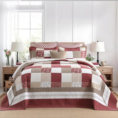 100% Cotton Oversized King Bedspread 120"x120" - Lightweight Vintage Country Quilt - 3 Piece California King Bedspreads Coverlet Set - Reversible Plaid Floral Bedding in Burgundy/Beige/Taupe/White