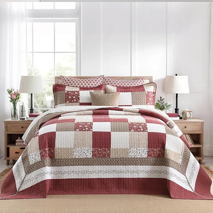 100% Cotton Oversized King Bedspread 128"x120" - Lightweight French Vintage Country Quilt - 3 Piece Super King Bedspreads Coverlet Set - Reversible Plaid Floral Bedding in Burgundy/Beige/Taupe/White