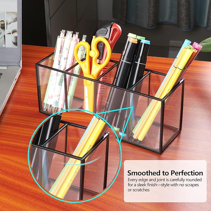 Pencil Holder for Desk,Tempered Glass Pen Holder,3&4 Compartments,Desktop Storage Organizer for Office Supplies,School Supplies,Pens,Markers,Pencils,Scissors,Paperclips (Black, 4 compartments)