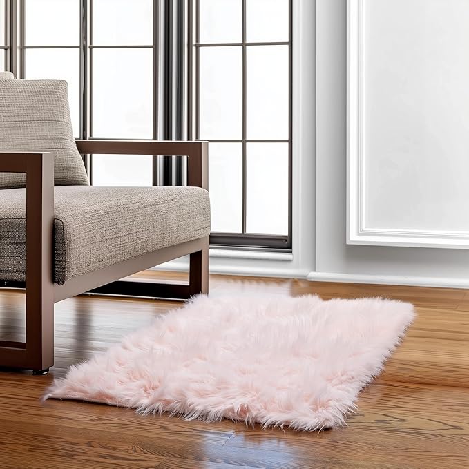 Super Area Rugs Pink Fluffy Rug - Faux Sheepskin Rug, Light Pink 2 x 3 Feet Carpet for Bedroom Living Room