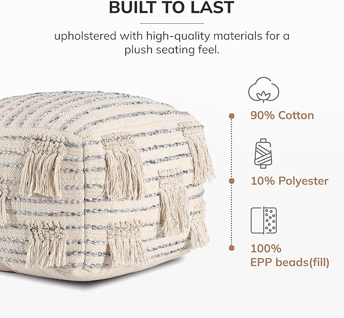 Anji Mountain 100% Handmade & Handcrafted Comfortable Home Décor Pouf Ottoman Footrest for Living Room, Bedroom, Nursery, Kidsroom, Patio Furniture - (22" x 22" x 16"- Gray,Beige)
