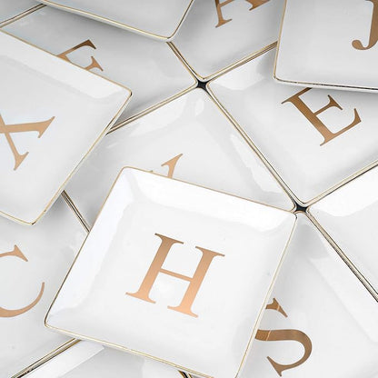 ANOTION Jewelry Tray Ring Dish with Ini-tial Gift- Personalized Trinket Dish and Jewelry Dish with Gold Initials Key Bowl Ceramic Holder, Unique Wedding or Engagement Present