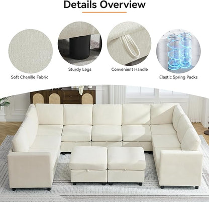 127'' Oversized U Shaped Modular Sofa, Sectional Couches with Storage for Living Room, Modern 9 Seater Cloud Sectional Couch with Movable Ottoman, Chenille Beige