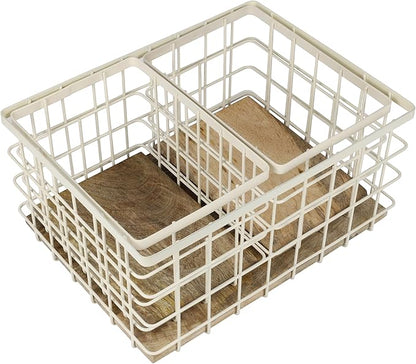 happimess BSK3004C-3SET Evvie Vintage Farmhouse Wire Metal Nesting Storage Baskets with Wood Base for Shelves, Cabinets, Pantry, Countertop, Mesh Open Bin Basket, Almond/Natural (Set of 3)