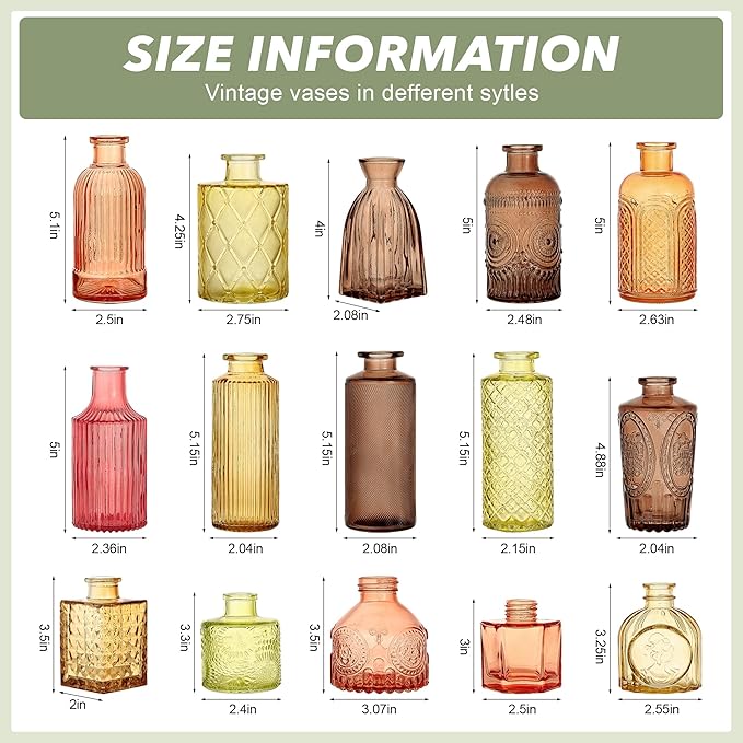 Colored Glass Vases Bulk 32 Pcs - Assorted Vintage Bud Vases for Wedding Centerpieces, Rustic Embossed Glass Bottles for Table Decor, Home Floral Arrangements with Gold Series (2-6 Inch)