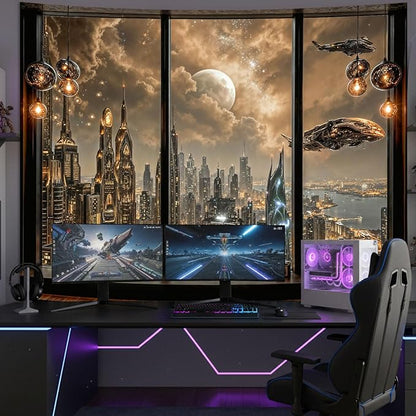 Lifeel Cyberpunk City Tapestry, Future Skyline Aesthetic Window Tapestries for Home Decor Game Room Bedroom Living Room, 36x48 inches