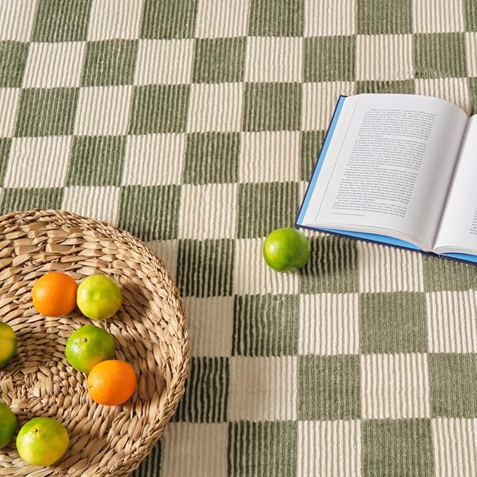 Revival Rugs Gambit 5'3"x8' Checkered Rug Washable Area Rug for Living Room Bedroom - 100% Recycled Oeko-TEX Certified, Medium Pile, Green, Beige