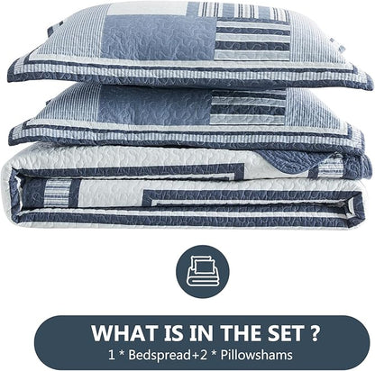 100% Cotton 128"x120" Oversized Quilt Bedspread, Plaid Patchwork California King Extra Large Quilt Bedding Set, Reversible Cal King XL Bed Spread Lightweight Comforter, Blue, 3Pcs