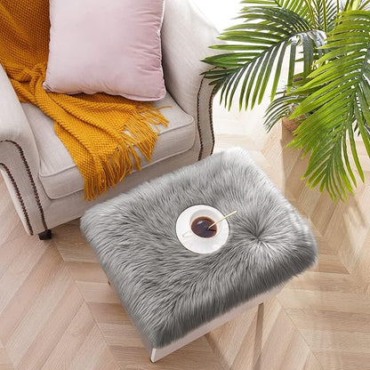 Softlife Grey Faux Fur Sheepskin Chair Cover 2 PCs Seat Cushion Pad Super Soft Area Rugs for Living Bedroom Sofa Dorm (1.6ft x 1.6ft)