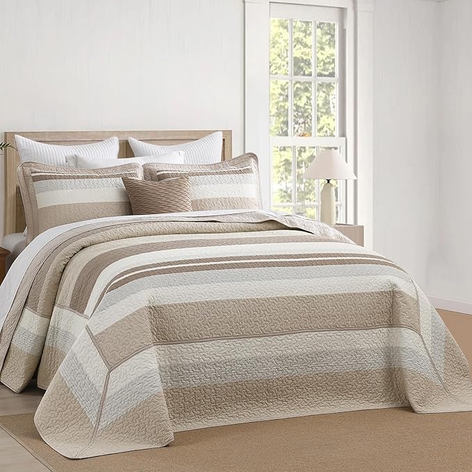 SahSahCasa 120"x120" 100% Cotton Oversized California King Bedspread Coverlet Striped Quilt Set, Cal King Quilted Bedspread Extra Large Quilt, XL Bed Spread Lightweight Comforter, Brown/Camel/Cream