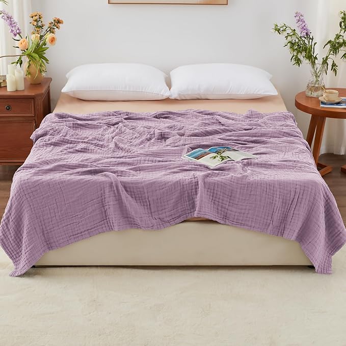 Love's cabin 6 Layer 100% Cotton Muslin Blanket, 108"x90" Muslin King Size Blanket for Bed Couch, Lightweight and Breathable Cotton Gauze for Adult, Lavender