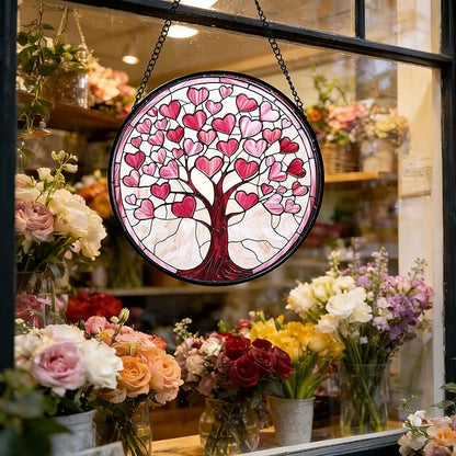 Stained Glass Window Hanging, Valentine's Day Gifts Pink Love Heart Tree Suncatcher Hangings Beige Sun Catchers Decor for Birthday for Women, Men, Wife, Aunt, Mom14.9 in