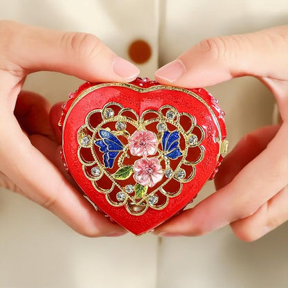 YU FENG 2.5inch Vintage Heart Trinket Box Small Hinged Trinket Boxes Red Jewelry Trinket Box Jeweled Ring Box Gift for Girl Women Christmas Gift