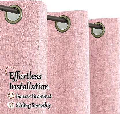Baby Pink Linen Blackout Curtains for Nursery 80 Inch Length 2 Panels Set, Thermal Insulated Boho Total Black Out Noise Reducing Bonzer Grommets Window Curtains for Girls Bedroom, Each 38 Inch Wide
