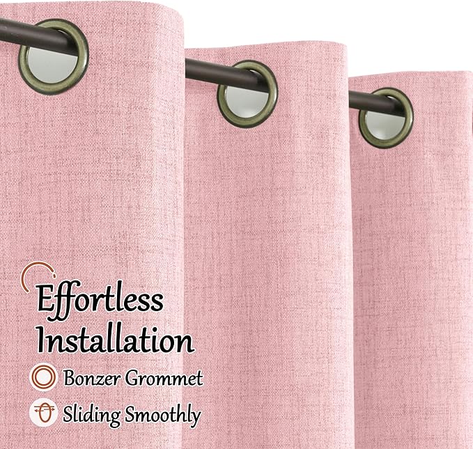 Baby Pink Linen Blackout Curtains for Nursery 45 Inch Length 2 Panels Set, Thermal Insulated Boho Total Black Out Noise Reducing Bonzer Grommets Window Curtains for Girls Bedroom, Each 52 Inch Wide