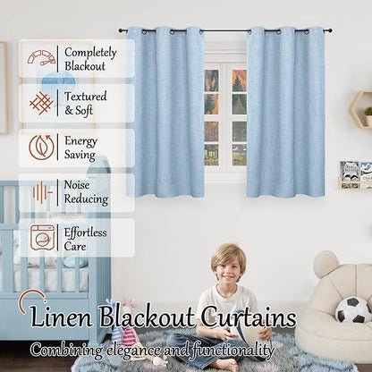 Lajode Baby Blue Linen Blackout Curtains for Nursery 45 Inch Length 2 Panels, Short Thermal Insulated Boho Total Black Out Noise Reducing Small Window Curtains for Kids Bedroom, Each 38 Inch Wide