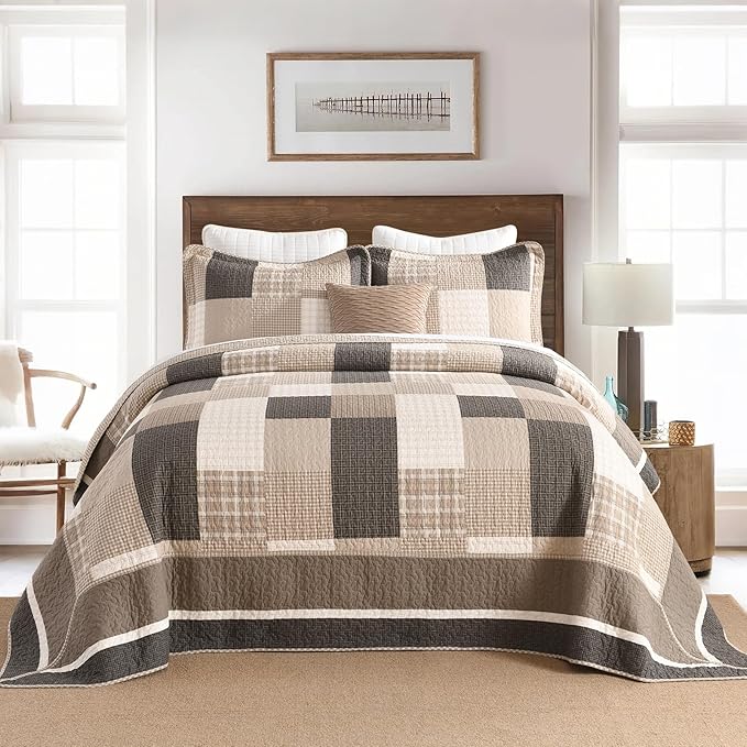 Farmhouse Queen Size Bedspread 102"x120" - 100% Cotton Lightweight Oversized Queen Quilt with 2 Pillowshams, Cottage Plaid Quilted Bedding Coverlet for All Season, 3Pcs, Brown/Beige/Oatmeal