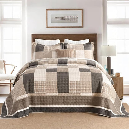 Farmhouse Queen Size Bedspread 102"x120" - 100% Cotton Lightweight Oversized Queen Quilt with 2 Pillowshams, Cottage Plaid Quilted Bedding Coverlet for All Season, 3Pcs, Brown/Beige/Oatmeal
