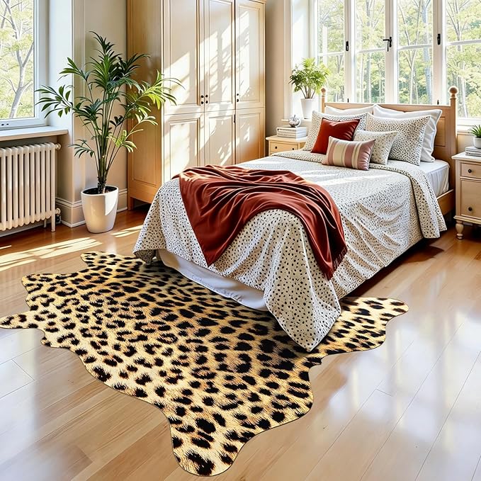 AROGAN Premium Leopard Print Rug 4.6x5.2 Feet, Faux Fur Cheetah Rug, Non-Slip Animal Print Hide Leopard Skin Area Rug for Bedroom Living Room Home Decor
