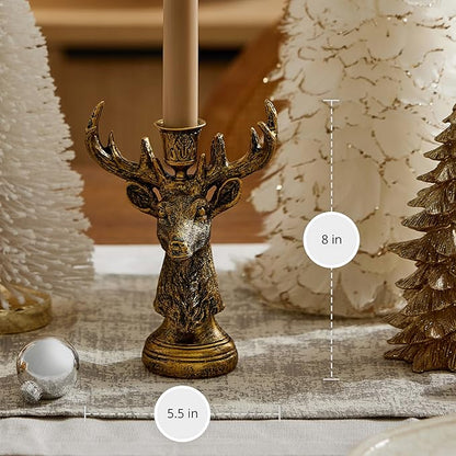 Luminara - Taper Candle Holder - Reindeer - Brass - 5.5" x 8" Classic Stag Head Design Compatible with Luminara Flickering Flameless LED Taper Candles
