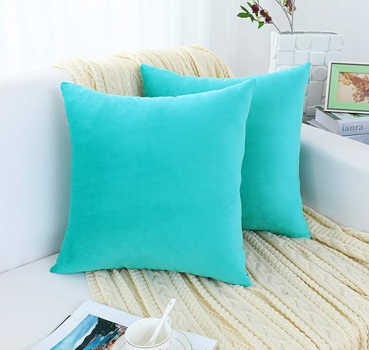 Jeneoo Comfy Soft Thick Velvet Throw Pillow Cases for Sofa Couch, Decorative Solid Square Cushion Covers for Bedroom Car (Turquoise, 16 x 16 Inches, 2 Pieces)