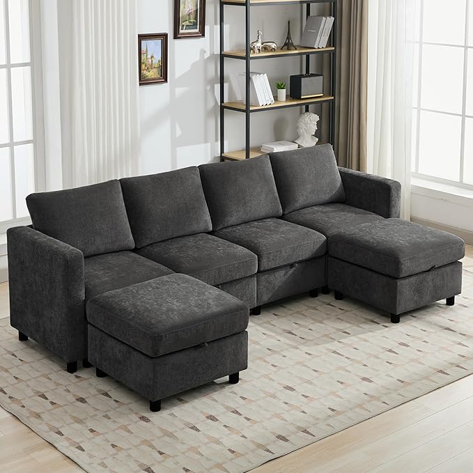 107”Modular Sectional Sofa Convertible U Shaped Sofa Couch Set with Storage for Living Room, Modern 6 Seater Modular Sectional Couch with Movable Ottoman, Chenille(Dark Grey)